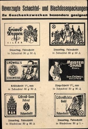Ansichtskarte / Postkarte 150 Jahre Crüwell-Tabak, Bevorzugte Schachtel- und Blechdosenpackungen