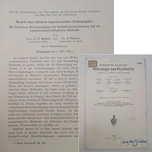 Imagen del vendedor de Modell einer klinisch-experimentellen Pathographie. Mit besonderer Bercksichtigung der Erblichkeitsuntersuchung und der experimentalpsychologischen Methodik, von F. Kehrer und S. Fischer, mit zwei Textabbildungen. Aus der Psychiatrischen und Nervenklinik der Universitt Breslau. Sonderabdruck aus: Zeitschrift fr die gesamte Neurologie und Psychiatrie. Begrndet von A. Alzheimer und M. Lewandowsky Band 85, 1923 * aus dem Besitz von E r n s t R  d i n a la venta por Galerie fr gegenstndliche Kunst