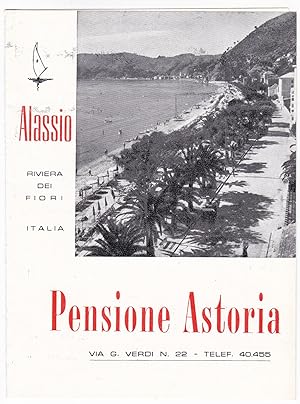 Faltblatt Alassio Riviera dei Fiori Pensione Astoria Speisesaal Garten Plan alt