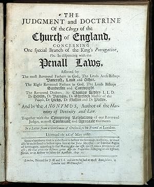 Imagen del vendedor de The Judgment and Doctrine of the Clergy of the Church of England, Concerning One Special Branch of the King s Prerogative, viz. In dispencing with the Penall Laws BOUND WITH 14 other 1687 Pamphlets dealing with Law & Religious Controversy. a la venta por Third Floor Rare Books