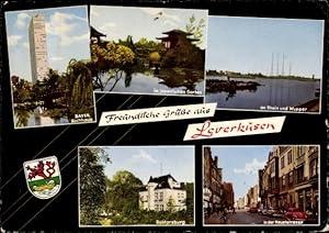 Bild des Verkufers fr Ansichtskarte / Postkarte Leverkusen in Nordrhein Westfalen, Bayer Hochhaus, Japanischer Garten, Doktorsburg zum Verkauf von akpool GmbH