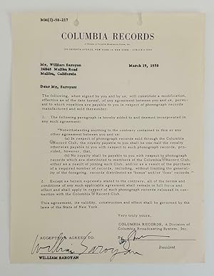 WILLIAM SAROYAN SIGNED CONTRACT COLUMBIA RECORDS