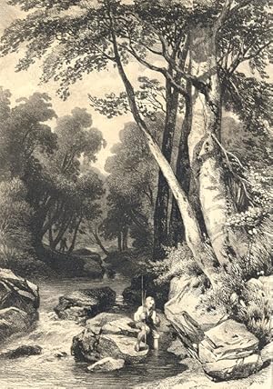 A PAINTING BY JAMES DUFFIELD HARDING 1850 rare sepia antique print of a boy fishing at the creek