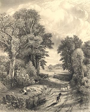 John Constable 1850 rare sepia antique print of a shepherd boy drinking from the river