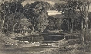 Francis Danby 1850 rare sepia antique print of a boy sitting next to a pond