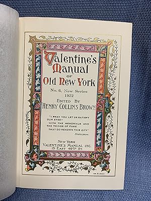 Bild des Verkufers fr Valentine's Manual of Old New York. No. 6, New Series zum Verkauf von Bryn Mawr Bookstore