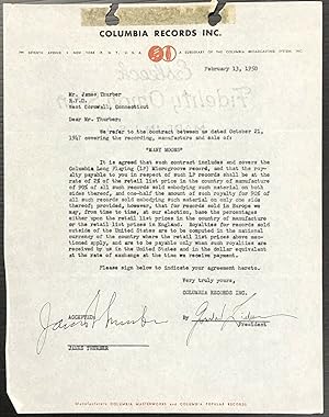 JAMES THURBER SIGNED CONTRACT COLUMBIA RECORDS