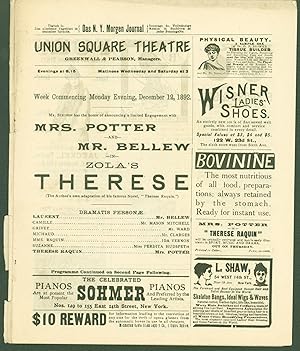 Imagen del vendedor de Union Square Theatre programme, Week Commencing Monday Evening, December 12, 1892, in Zola's Therese a la venta por Eureka Books