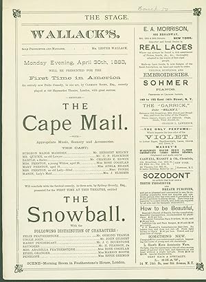 Imagen del vendedor de Wallack's Theatre Program for Monday Evening, April 30th, 1883, will be presented for the first time in America 'The Cape Mail'; will conclude with the farcical comedy 'The Snowball.' a la venta por Eureka Books