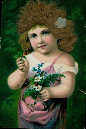 Echthaar Ansichtskarte / Postkarte Mädchen mit Blumenstrauß, Portrait