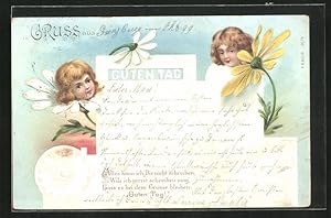 Bild des Verkufers fr Lithographie Guten Tag!-Gedicht, zwei Blumen mit Mdchenkpfen, Metamorphose zum Verkauf von Bartko-Reher