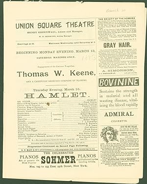 Immagine del venditore per Union Square Theatre programme, presenting Hamlet, starring Thomas W. Keene, Thursday evening, March 16, (1893) venduto da Eureka Books