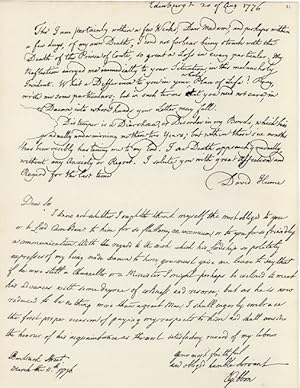 Letter from David Hume, addressed to the Countess de Bouffiers, dated Edinburgh, 20th of August, ...