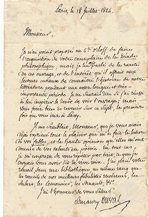 AMAURY DUVAL lettre autographe signée à A. Rigaud Décade philosophique Orloff