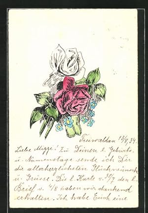 Bild des Verkufers fr Knstler-Ansichtskarte Handgemalt: Weisse und rote Rose zum Verkauf von Bartko-Reher