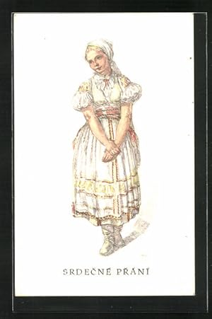 Seller image for Knstler-Ansichtskarte M. Fischerova-Kvechova (MFK): Srdecne Prani, Maid im schmucken Kleid for sale by Bartko-Reher