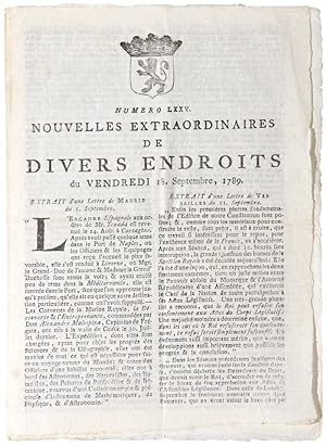NUMERO LXXV. NOUVELLES EXTRAORDINAIRES DE DIVERS ENDROITS DU VENDREDI 18 SEPTEMBRE, 1789.EXTRAIT ...