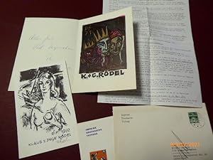 2 Grußkarten des Grafikers Rudolf Koch (für Klaus Rödel): 1. Mehrfarbiger Holz- oder Linolschnitt...