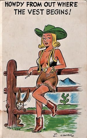 Seller image for cowgirl pinup postcard: Howdy from Out Where the Vest Begins for sale by Mobyville
