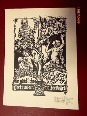 WALTER CLEMENS SCHMIDT. Original-Linolschnitt, SIGNIERT: Neujahrsgruß von Walter Vogel für 1938. ...