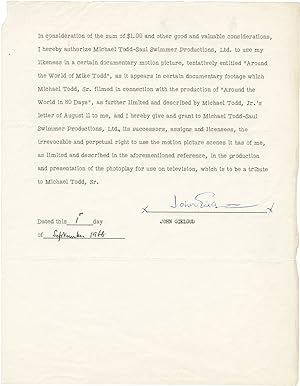 Production contract for "Around the World of Mike Todd," signed by John Gielgud