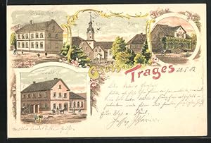 Lithographie Trages, Gasthof, Engelmanns Geschäftshaus, Kirche und Pfarrhaus