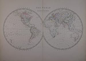 Bild des Verkufers fr The world in hemispheres. Grenzkolorierte Stahlstich-Karte aus Keith Johnston "General Atlas", Edinburg & London, W. Blackwood 1861, 49,5 x 62,5 (Blattgr.) zum Verkauf von Antiquariat Johannes Mller