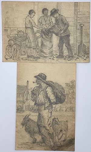 Bild des Verkufers fr TWO AFRICAN-AMERICAN RELATED DETAILED PENCIL DRAWINGS ON PAPER, one (8 7/8 x 6 inches) picturing a working man with hat and pipe, carrying a full sack (of coal?) over his shoulder striding with a pair of goats in front of fenced-in simple clapboard houses and a stand of trees, the other (6 x 8 7/8 inches) picturing a well-dressed man pouring a bucket of coal into a large sack held by two ladies, their children and a carriage to their side and a clapboard building behind,; both signed by Schmidt, a native of Germany and active as an artist there and in Alabama, "known for African-American genre work"(AskArt). Smudge in lower corner of the first drawing, else very good zum Verkauf von Bartleby's Books, ABAA