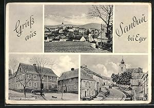 Ansichtskarte Sandau bei Eger, Gasthaus Biedermann, Strassenpartie bei der Kirche, Gesamtansicht