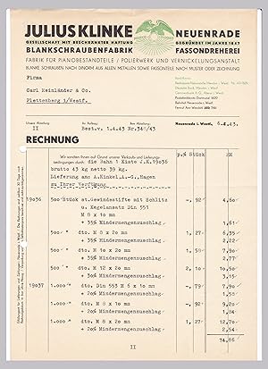 Rechnung Julius Klinke GmbH, Neuenrade, 1943, Blankschraubenfabrik - Fassondreherei. Fabrik für P...