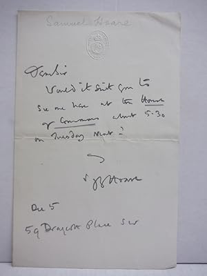 Seller image for SIR SAMUEL GURNEY HOARE HANDWRITTEN NOTE for sale by Imperial Books and Collectibles
