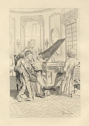 Image du vendeur pour Jean-Jacques Rousseau, seated, listening to a young man performing on a double-manual harpsichord as a lady looks on. Etching mis en vente par J & J LUBRANO MUSIC ANTIQUARIANS LLC