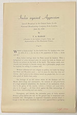 Seller image for India against aggression: Speech broadcast in the United States by the National Broadcasting Company from London, June 30, 1940 for sale by Bolerium Books Inc.