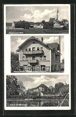 Ansichtskarte Odelzhausen, Gemischtwaren von Michael Renner, Schloss, Totalansicht