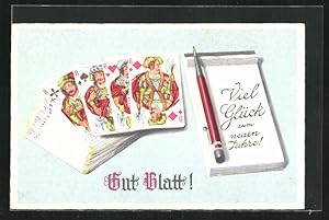 Ansichtskarte Gut Blatt!, Kartenspiel, Notizblock und Stift, Neujahrsgruss