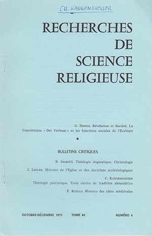 Bild des Verkufers fr Bulletin de Thologie patristique. [Des: Recherches de Science Religieuse, Octobre-Dcembre 1975, Tome 63, Numer 4]. Trois sicles de tradition alexandrine. zum Verkauf von Fundus-Online GbR Borkert Schwarz Zerfa