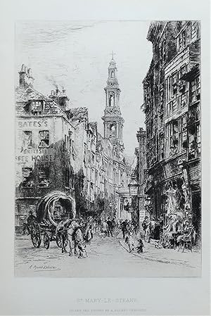 STRAND, LONDON St.Mary Le Strand etching, Brunet Debaines antique print 1880