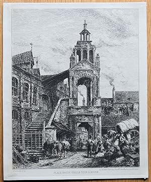 ROUEN, FRANCE, Place Basse Vieille Tour etching, A.Ballin antique print 1880