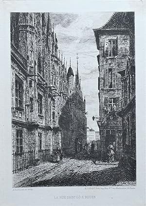 ROUEN, FRANCE, Rue Saint Lo etching, A.Ballin original antique print 1880