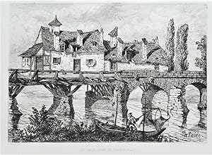 VERNON, EURE, FRANCE Le Vieux Pont de Vernon A.Taiee etching antique print 1880