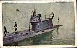 Künstler Ansichtskarte / Postkarte Britisches U Boot, B 5, Préparatifs de Plongée, Seeleute an Deck