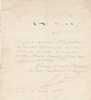 Jean-Léon GÉRÔME lettre autographe signée modèle femme inscription liste