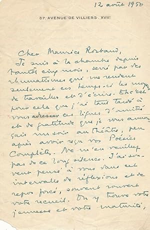 Philippe HÉRIAT écrivain 2 lettres autographes malentendu Rostand Bernhardt