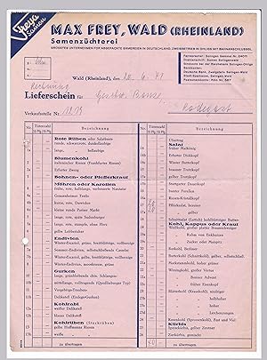 Rechnung Max Frey Wald im Rheinland, Samenzüchterei 1941 Freya-Samen abgepackt Sämereien
