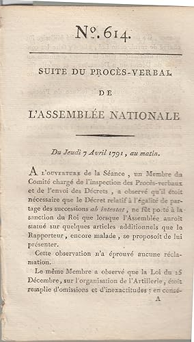 Imagen del vendedor de Suite du procs -Verbal de L'Assemble Nationale. Du Jeudi 7 Avril 1791, au matin. N 614 a la venta por PRISCA