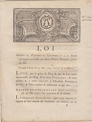 Image du vendeur pour Loi relative au payement du traitement et  la rente apanagre accorde aux deux princes Franois, frres du Roi. mis en vente par PRISCA