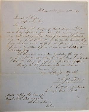 AUTOGRAPH LETTER, SIGNED "A.J. TOUTANT," TO CONFEDERATE GENERAL SAMUEL COOPER, ADJUTANT AND INSPE...