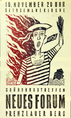 Bild des Verkufers fr Plakat - Grndungstreffen Neues Forum Prenzlauer Berg. Holzschnitt dreifarbig. zum Verkauf von antiquariat peter petrej - Bibliopolium AG