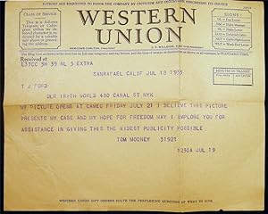 1933 & 1935 Two Telegrams sent from Tom Mooney, Incarcerated at San Quentin Prison in California,...