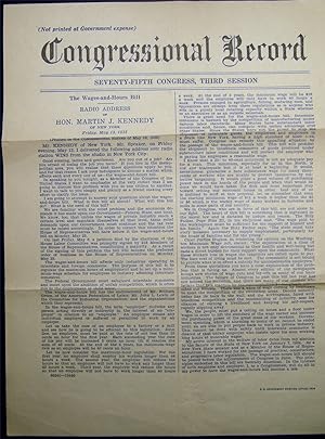 1938 Congressional Record Speech on the Wages-and-Hours Bill By Martin J. Kennedy (1892 - 1955) U...